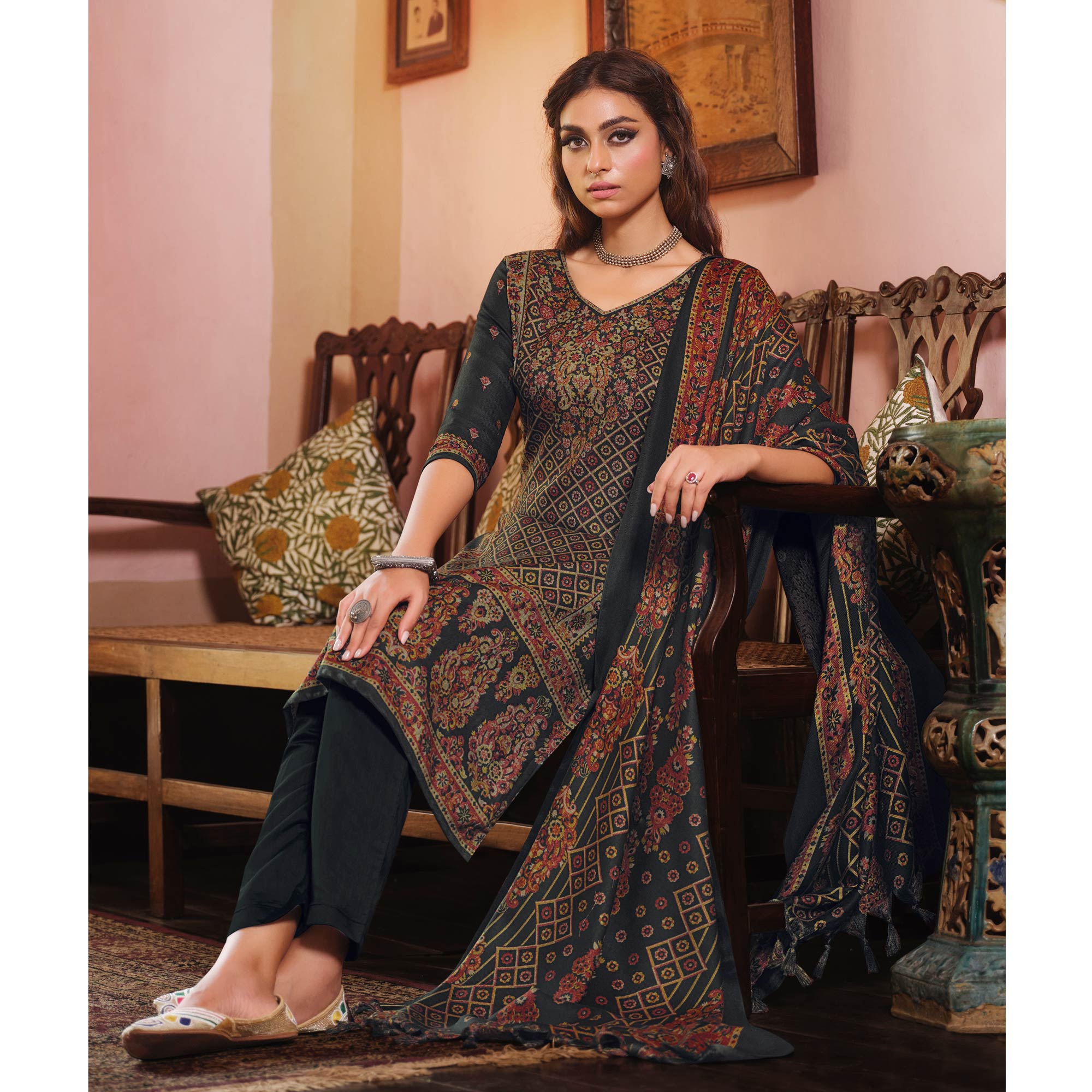 Black Floral Printed Pashmina Woolen Suit